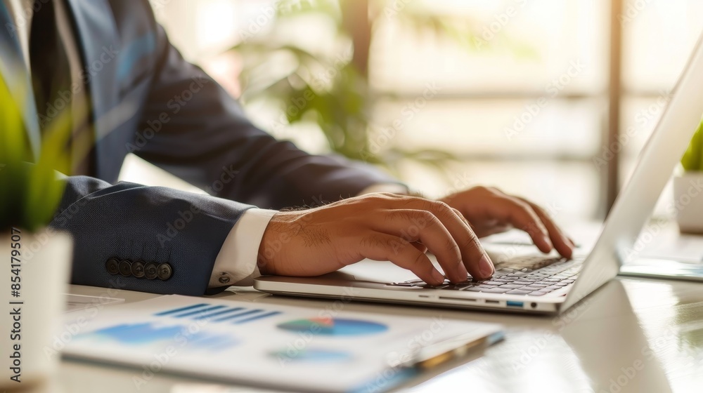 Efficient Business Professional Typing on Laptop Surrounded by Colorful Charts in Modern Office Setting Productivity Strategy Success Efficient Business Professional Typing on Laptop Surrounded by Colorful Charts in Modern Office Setting Productivity Strategy Success