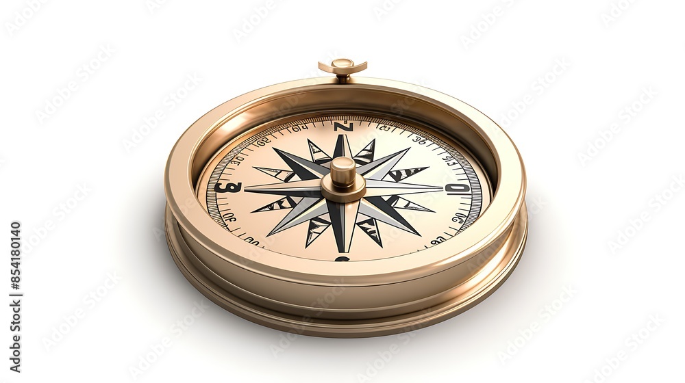 A golden compass isolated on white background. The compass is made of metal and has a glass cover. The compass is pointing north.