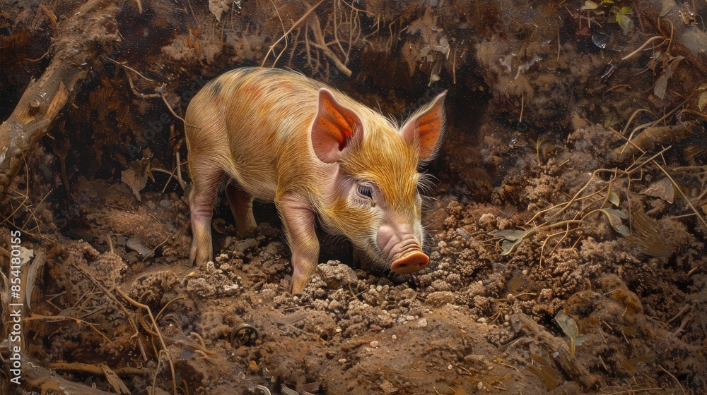 Fototapeta premium Feral Piglet excavating in earth