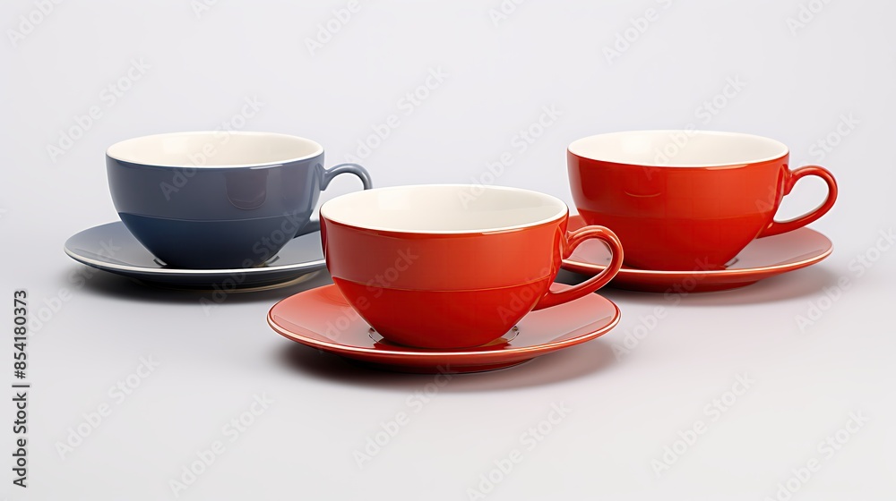 Three ceramic cups of different colors on white background. Three ceramic cups of different colors on white background.