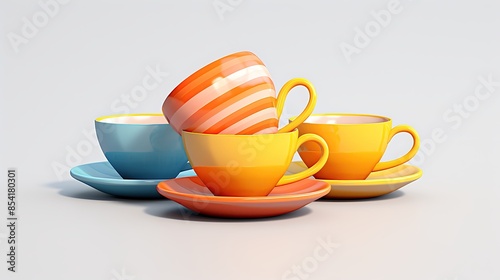 3D rendering of a stack of four ceramic cups and saucers in pastel colors.