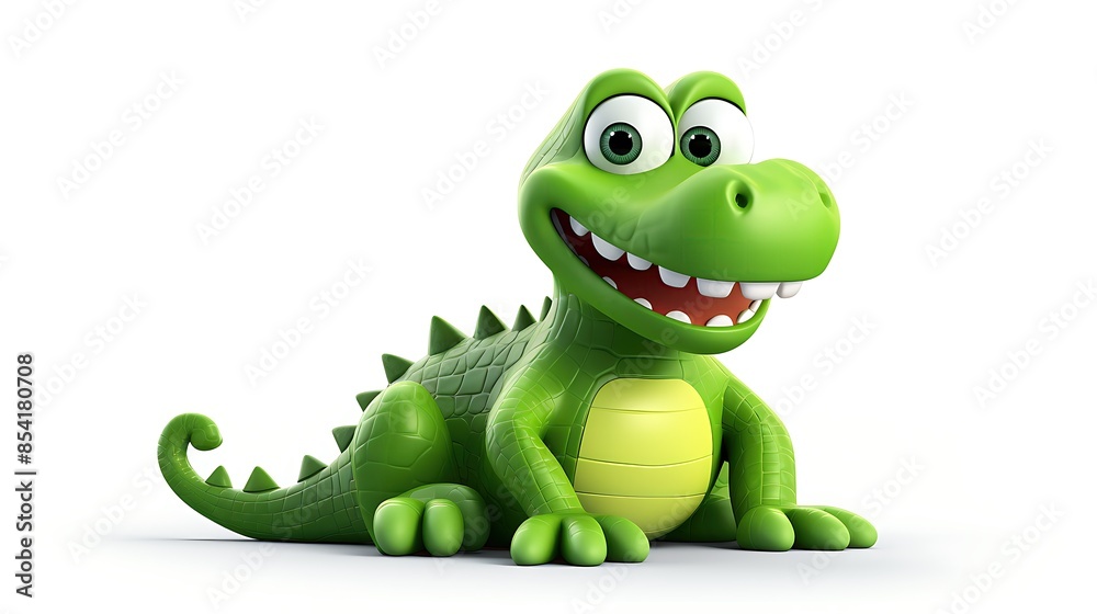 Naklejka premium A cute and friendly green crocodile sits on a white background. The crocodile has a big smile on its face and is looking at the camera.