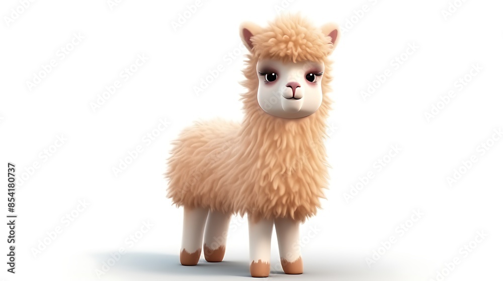 Cute and fluffy llama standing on a white background. The llama has a light brown coat, big eyes, and a pink nose. Cute and fluffy llama standing on a white background. The llama has a light brown coat, big eyes, and a pink nose.
