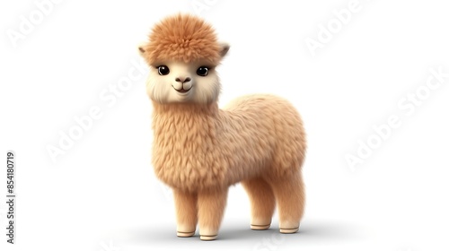 Cute and fluffy llama standing on a white background. The llama has a brown coat and big brown eyes. It is smiling and looks happy. © BozStock
