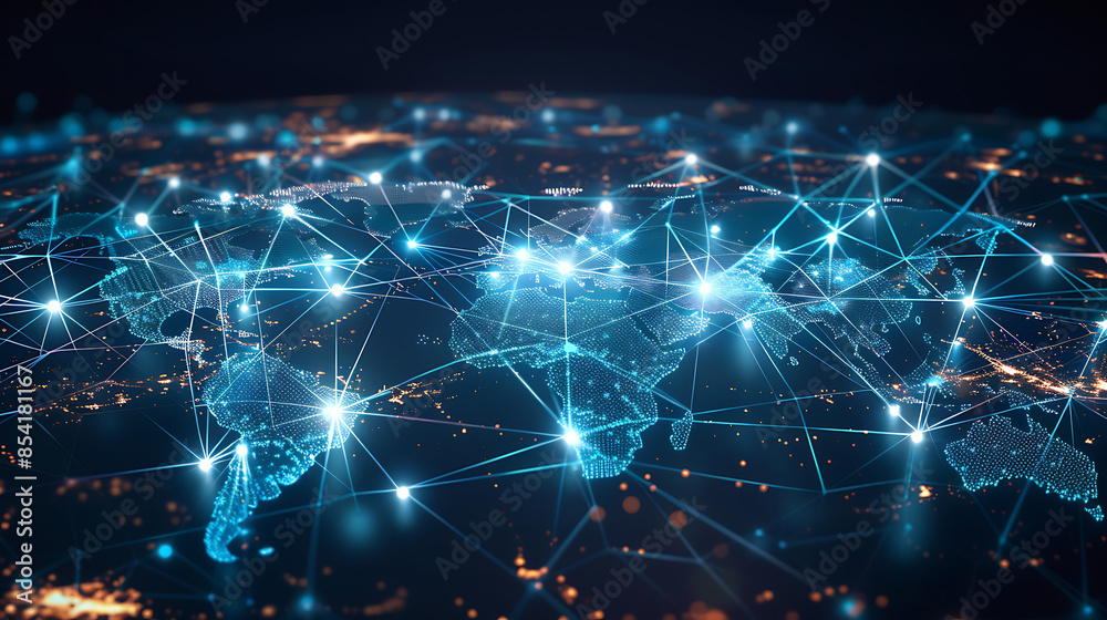Obraz premium Global business network with world map and connecting flight paths
