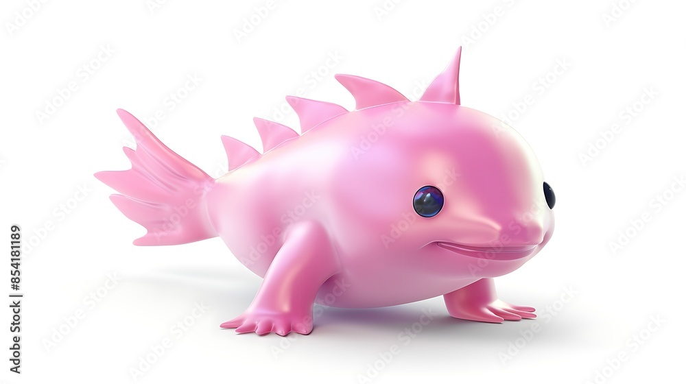 Cute and colorful 3D illustration of a pink axolotl, a type of salamander. It has a friendly smile on its face and is looking up at the viewer. Cute and colorful 3D illustration of a pink axolotl, a type of salamander. It has a friendly smile on its face and is looking up at the viewer.