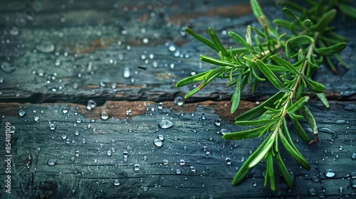 fresh rosemary sprig with water droplets on rustic wooden background digital painting photo