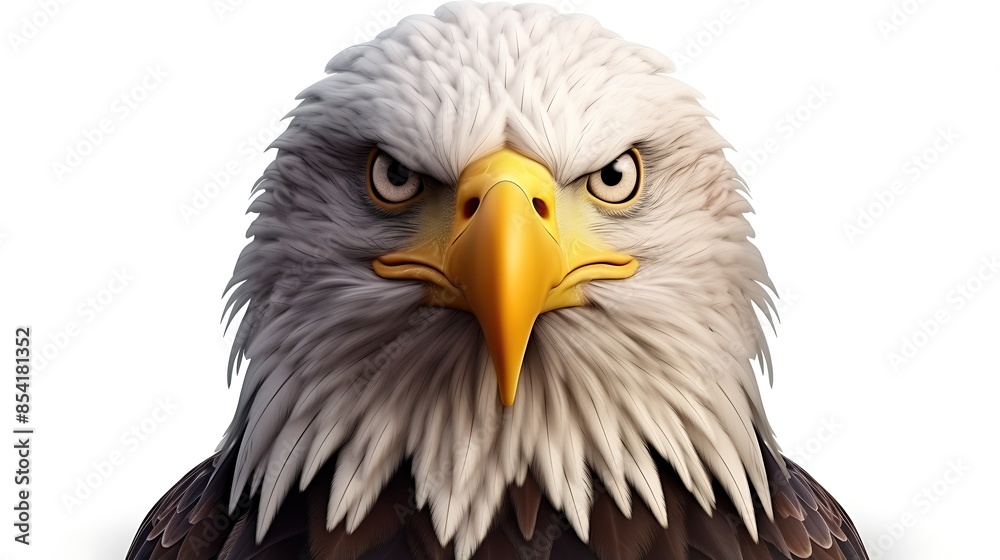 A majestic bald eagle stares into the camera with its piercing yellow eyes. A majestic bald eagle stares into the camera with its piercing yellow eyes.