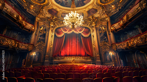 Majestic Opera House Interior with Golden Chandelier and Plush Red Seats Ready for Performance