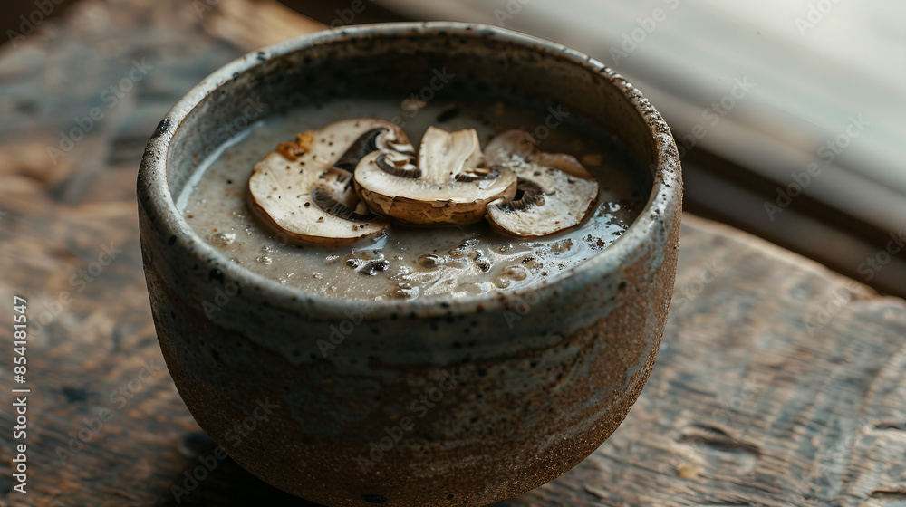 Savory Mushroom Soup with Fresh Wild Mushrooms Served on a Vibrant Green Background - Food Photography Concept Savory Mushroom Soup with Fresh Wild Mushrooms Served on a Vibrant Green Background - Food Photography Concept