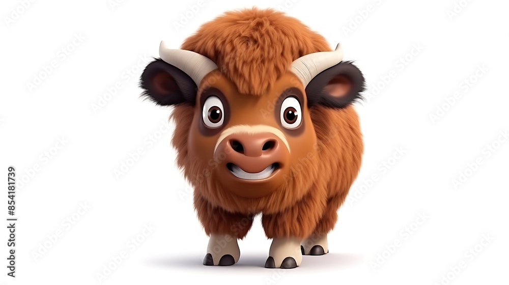 This is a 3D rendering of a baby yak. The yak is smiling and looks happy. It has brown fur, black horns, and big brown eyes. This is a 3D rendering of a baby yak. The yak is smiling and looks happy. It has brown fur, black horns, and big brown eyes.