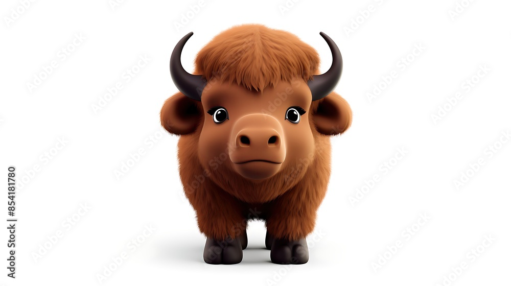 A cute and cuddly yak standing on a white background. The yak has big, round eyes and a fluffy coat. A cute and cuddly yak standing on a white background. The yak has big, round eyes and a fluffy coat.