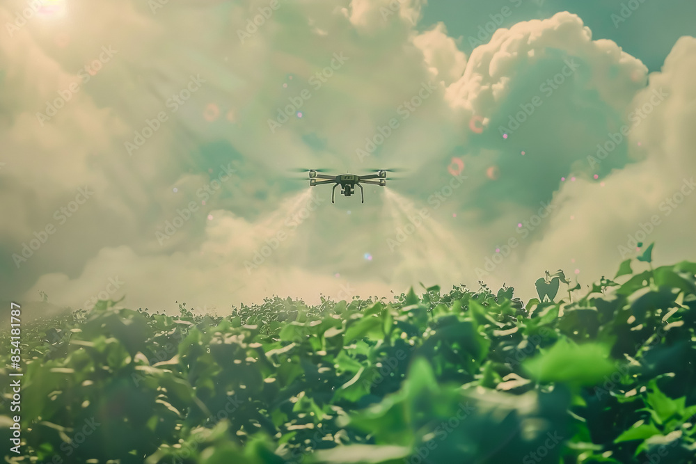 Fototapeta premium Agricultural drones spraying pesticides on crops. Concepts about modern agriculture, efficiency for increased productivity, and the use of technology in agriculture.