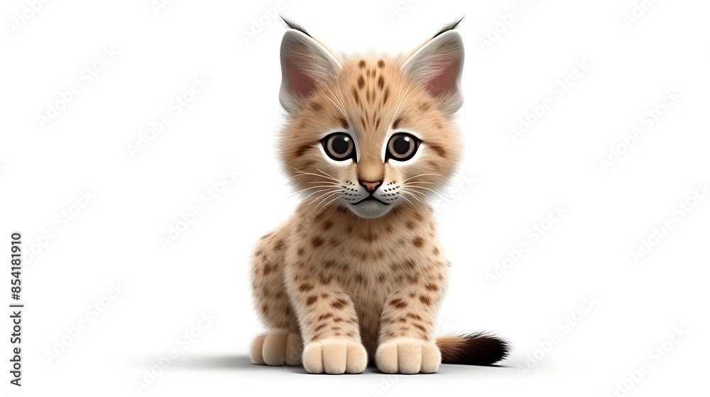 A cute baby lynx is sitting on a white background. The lynx has big, round eyes and a fluffy tail. A cute baby lynx is sitting on a white background. The lynx has big, round eyes and a fluffy tail.