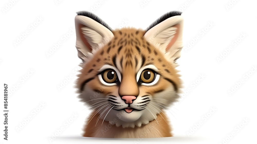 Obraz premium Cute cartoon bobcat with big eyes and a pink nose. The bobcat is looking at the viewer with a curious expression. It has fluffy fur and a long tail.