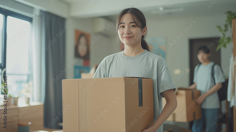 Asian Students in student uniform moving into their first apartment, carrying boxes in empty room Asian Students in student uniform moving into their first apartment, carrying boxes in empty room