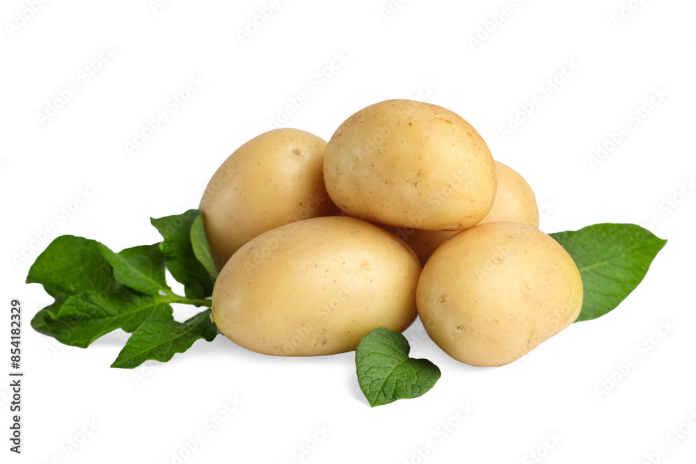 Fresh raw potatoes and green leaves isolated on white Fresh raw potatoes and green leaves isolated on white