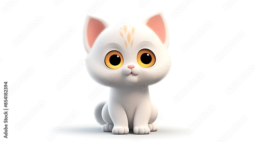 A cute and cuddly white kitten with big green eyes is sitting on a white background.