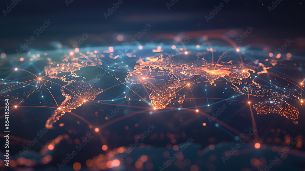 Global business network with world map and connecting flight paths ...