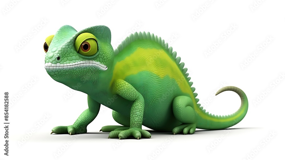 Obraz premium A cute and colorful chameleon is sitting on a white background. The chameleon is green and yellow with big eyes and a long tail.