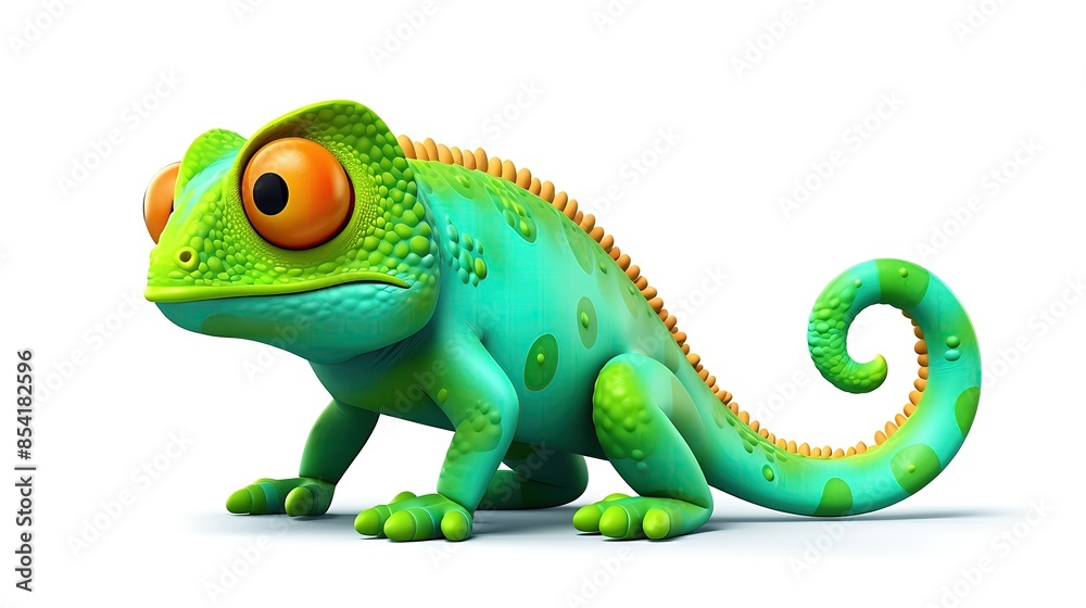 A cute and colorful chameleon is sitting on a white background. The chameleon is green and blue with big orange eyes. A cute and colorful chameleon is sitting on a white background. The chameleon is green and blue with big orange eyes.