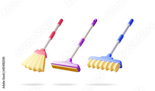 3d set of floor cleaning mop and broom with plastic handle isolated. Render home mop and broomstick tool icon. House cleaning equipment. Household accessories. Realistic vector illustration