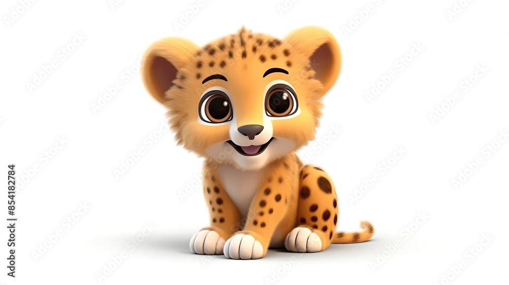 Cute baby cheetah sitting down with a happy expression on its face. It has big eyes and fluffy fur, with a light brown coat and black spots. Cute baby cheetah sitting down with a happy expression on its face. It has big eyes and fluffy fur, with a light brown coat and black spots.