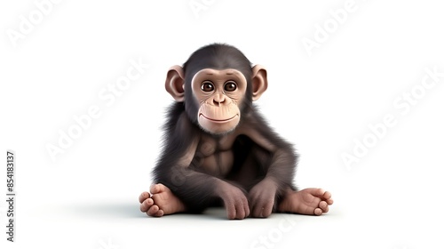 A cute and adorable baby chimpanzee sits on a white background. photo