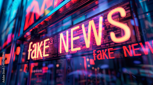 Neon sign displaying fake news illuminating a cityscape at night, reflecting the spread of disinformation and misinformation