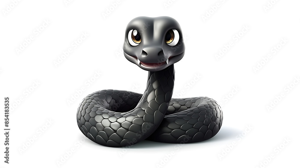 Obraz premium 3D rendering of a cute and friendly cartoon snake with big eyes. The snake is black and has a happy expression on its face.