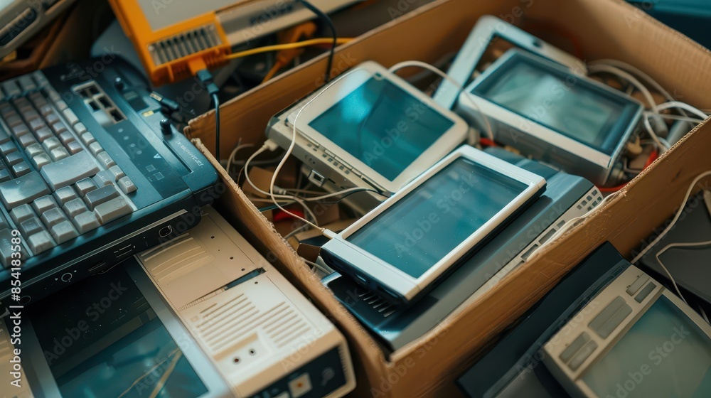 Fototapeta premium heap of old electronic devices and computers in cardboard box ewaste recycling and donation concept