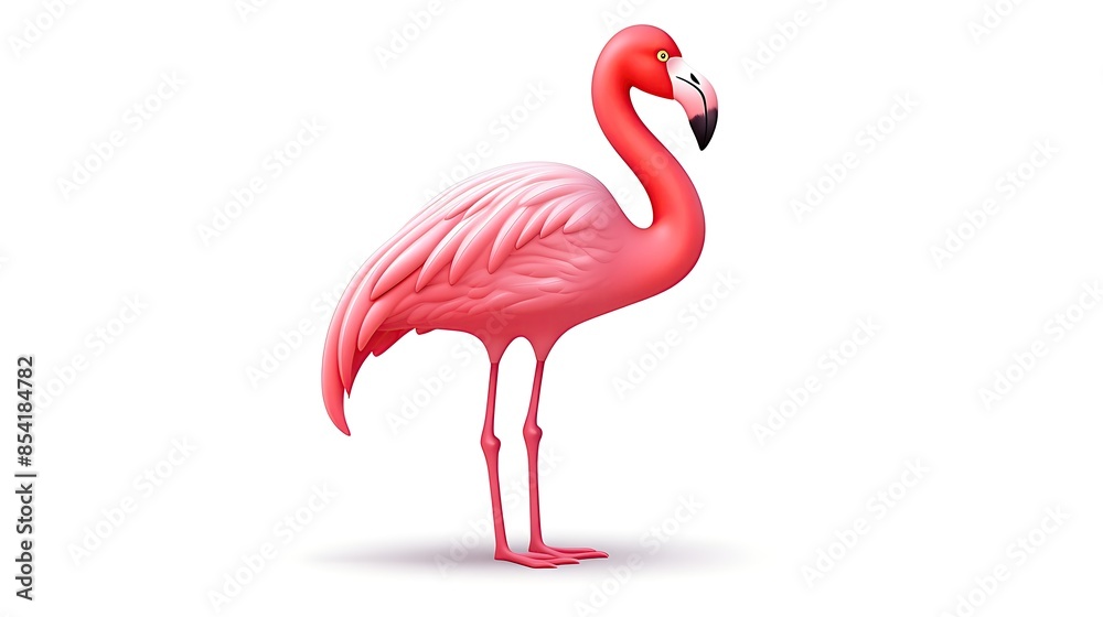 Fototapeta premium A beautiful pink flamingo stands on one leg in the water. The flamingo is looking to the right of the frame. The background is white.