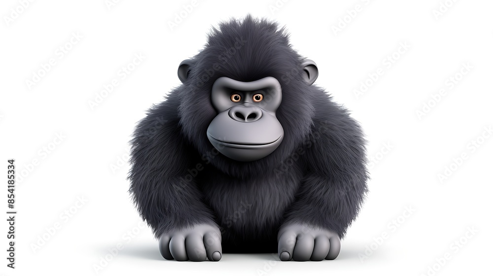 Fototapeta premium A cute and cuddly gorilla sits on a white background. The gorilla has big brown eyes, a friendly smile, and is covered in soft, black fur.