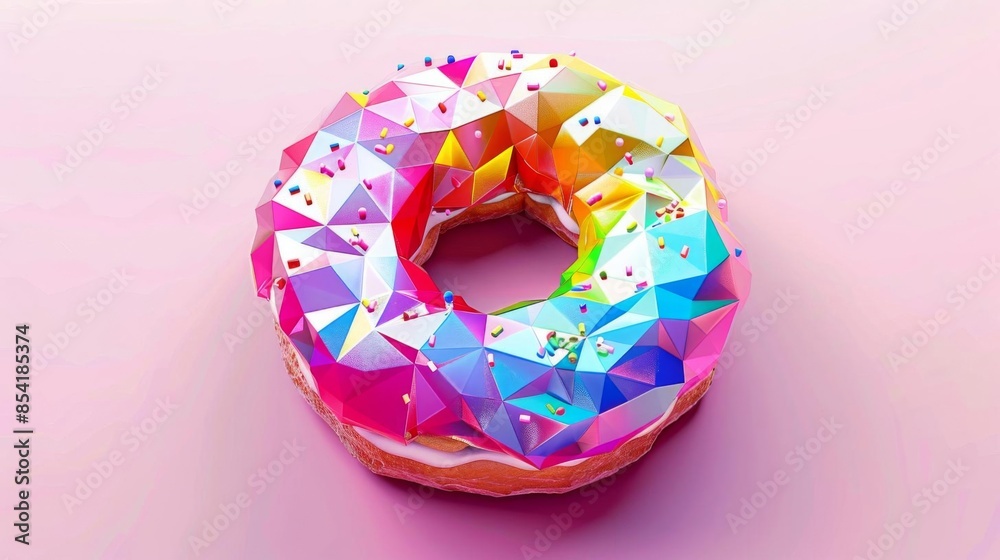 Low poly art of a donut with rainbow icing, bright geometric shapes, fun and festive, perfect for colorful and modern food designs, Low poly art of a donut with rainbow icing, bright geometric shapes, fun and festive, perfect for colorful and modern food designs,