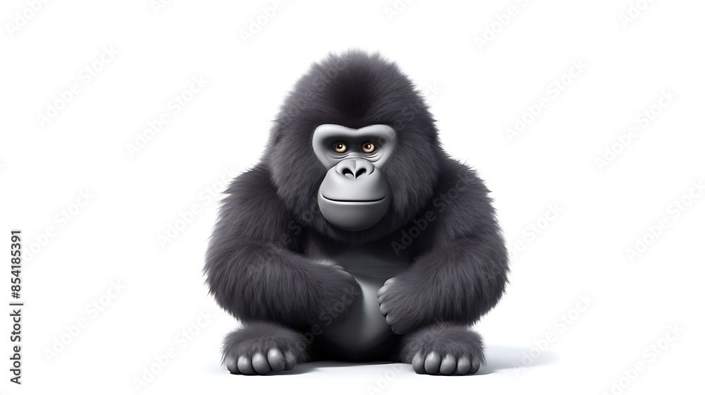 Obraz premium A cute 3D rendering of a baby gorilla sitting down and looking at the camera with a curious expression on its face.