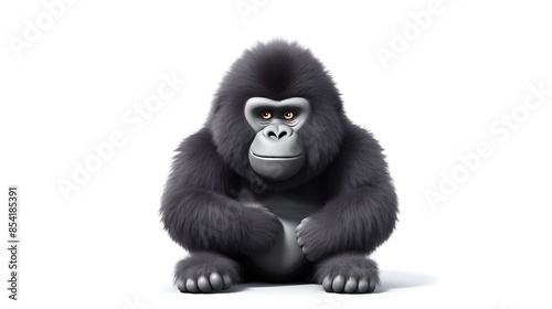 A cute 3D rendering of a baby gorilla sitting down and looking at the camera with a curious expression on its face. © BozStock