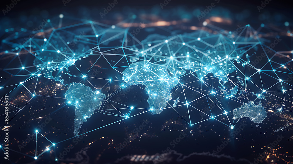 Global business network with world map and connecting flight paths Global business network with world map and connecting flight paths