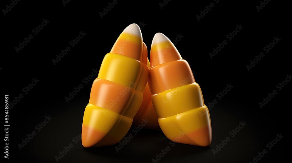 Fototapeta premium 3D render of a pair of candy corns on a black background. The candy corns are arranged in a V shape, with the tips of the candies touching.