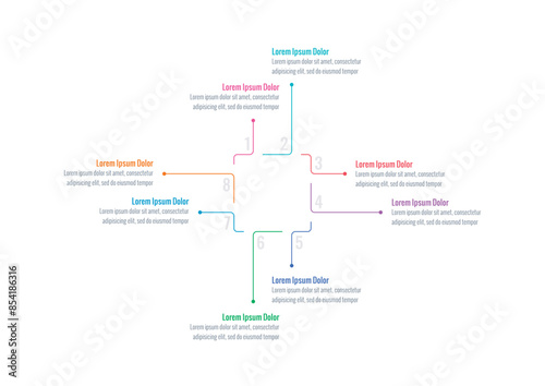 linear square infographic template. Infographic template for industry, education, environment, business and science. Magazine, annual report information template. eight steps information template