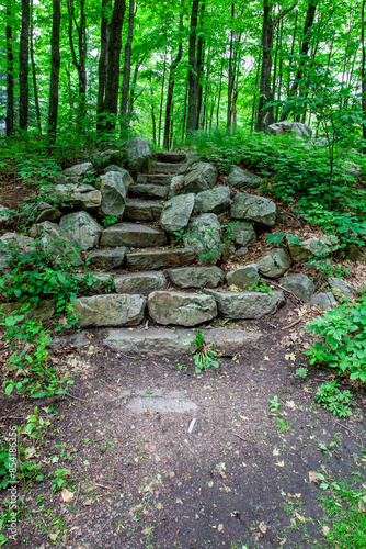 Staircase made out of rock in Rib Mountain State Park and the Granite Peak Ski area in Wausau, Wisconsin