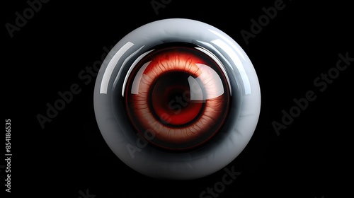 A 3D rendering of a realistic eyeball. The eyeball is red and has a black pupil. The eyeball is also surrounded by a white sclera. photo