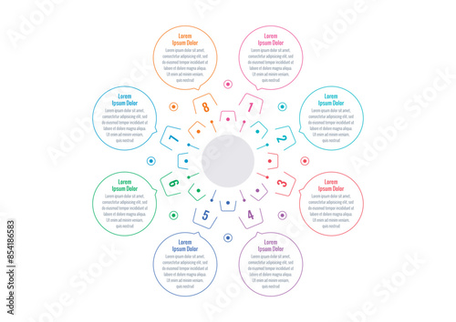 infographic template with linear wheels. Infographic template for industry, education, business and science. Magazine, annual report information template. eight steps information template