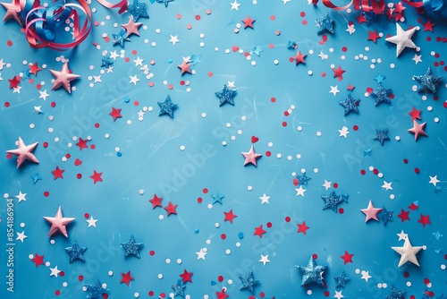 Independence Day Fireworks and Confetti Celebration on Pastel Blue Background