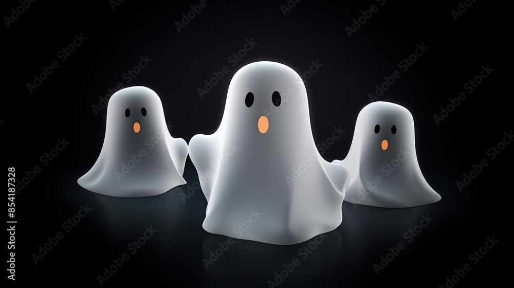 3D rendering of three cute cartoon ghosts with surprised expressions on their faces. The ghosts are white and have round orange eyes. 3D rendering of three cute cartoon ghosts with surprised expressions on their faces. The ghosts are white and have round orange eyes.