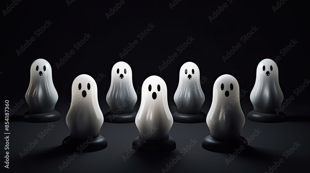 3D rendering of a group of cute cartoon ghosts with surprised expressions on their faces. The ghosts are arranged in a row against a black background. 3D rendering of a group of cute cartoon ghosts with surprised expressions on their faces. The ghosts are arranged in a row against a black background.