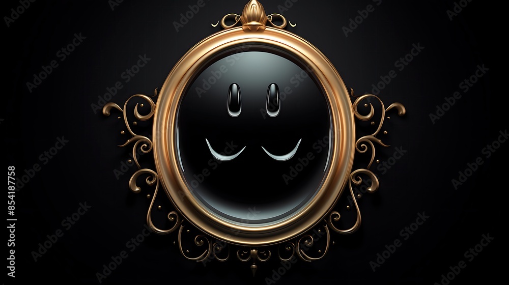 Fototapeta premium 3D rendering of a happy face in a golden frame. The face is made of black glass and the frame is made of gold.