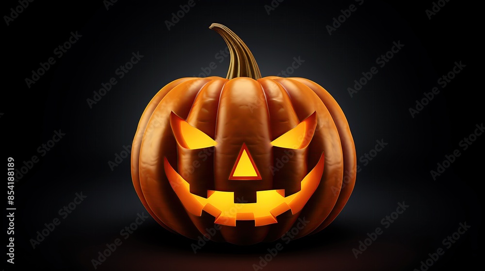 This is a 3D rendering of a jack-o-lantern. It has a carved face with a smile and two teeth. It's lit from the inside, and there's a dark background. This is a 3D rendering of a jack-o-lantern. It has a carved face with a smile and two teeth. It's lit from the inside, and there's a dark background.