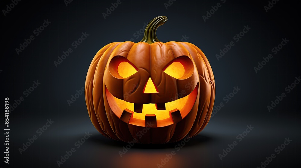 Obraz premium This is a 3D rendering of a jack-o-lantern. It has a carved face with a smile and two teeth. It's lit by a candle inside. The background is black.