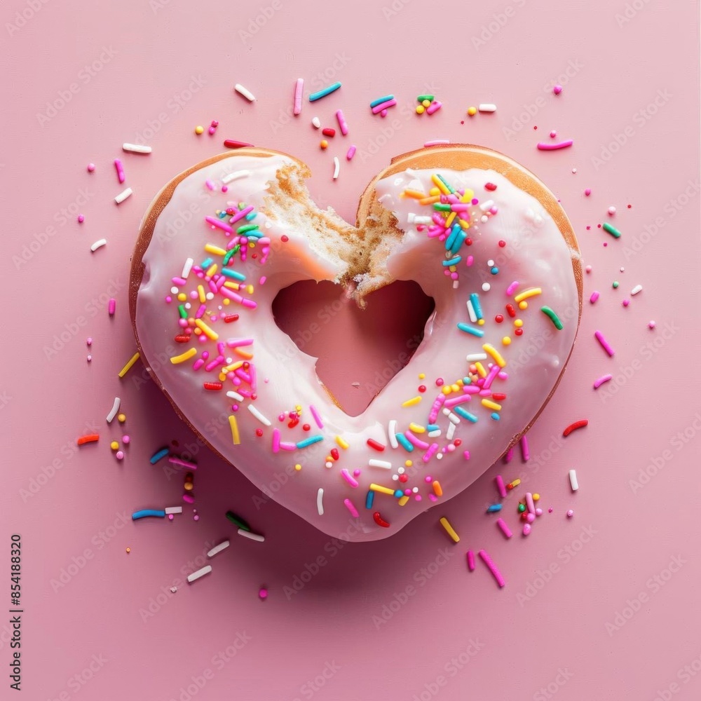 Minimalism of a heartshaped donut with sprinkles, simple and colorful aesthetic