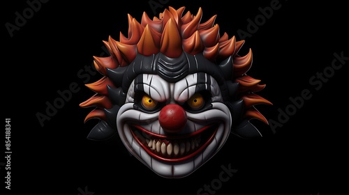 3D rendering of a clown head with a sinister expression. The clown has bright orange hair, a red nose, and sharp teeth.